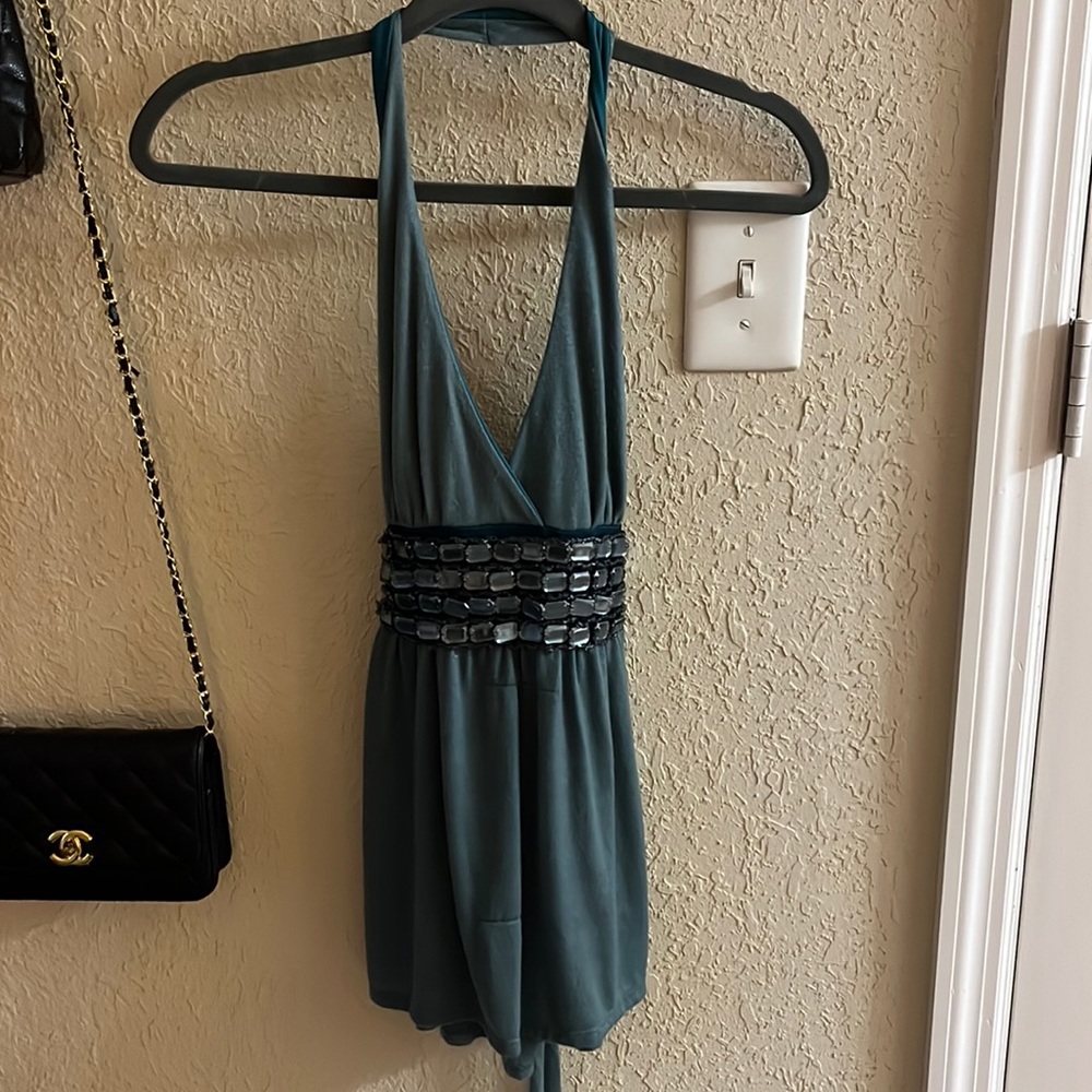 “All about me” Green halter top w/ gems